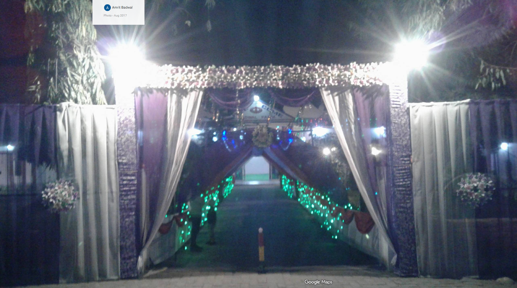 Night gate decoration with lights at Badwal Farm